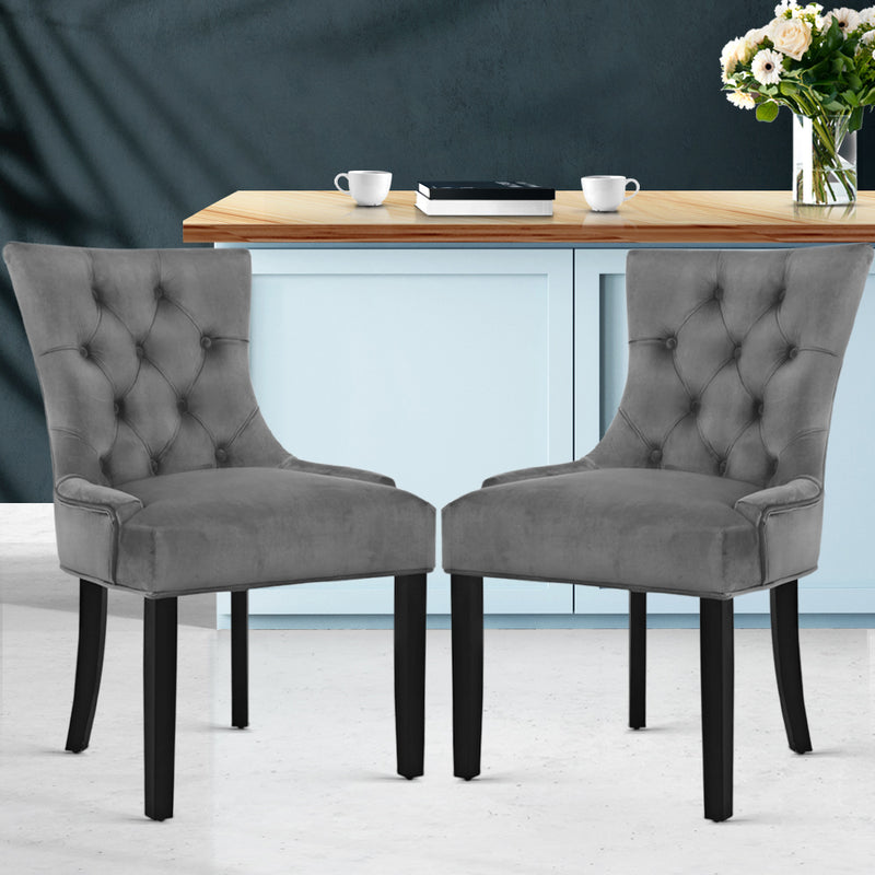 Artiss Set of 2 Dining Chairs French Provincial Retro Chair Wooden Velvet Fabric Grey - Sale Now