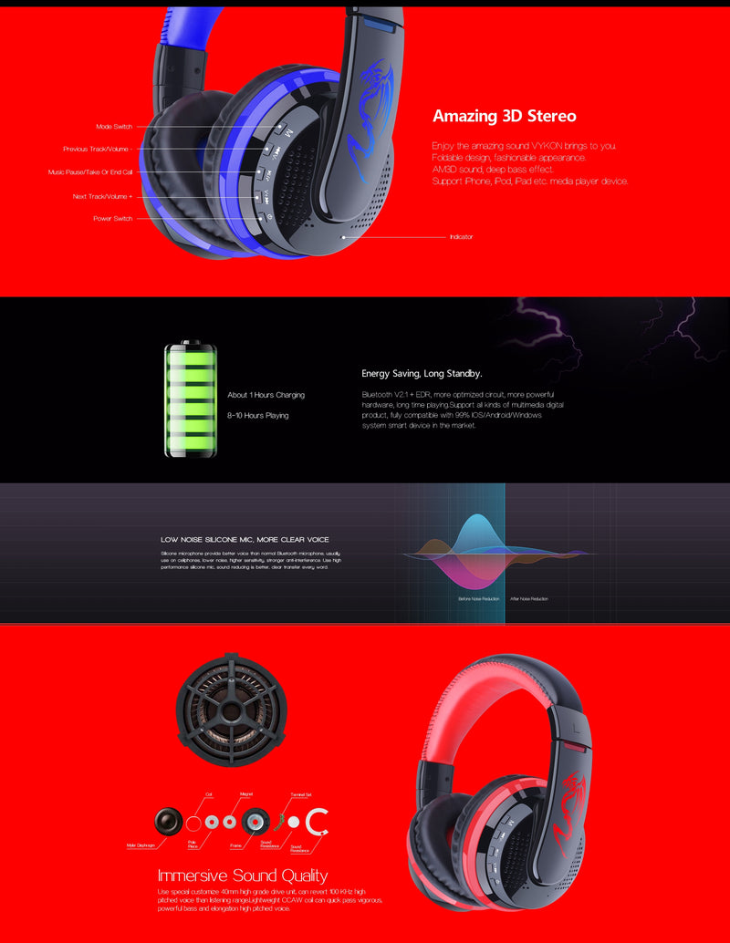 OVLENG MX666 Wireless Bluetooth Music Headphones with Mic Noise Canceling - Red - Sale Now