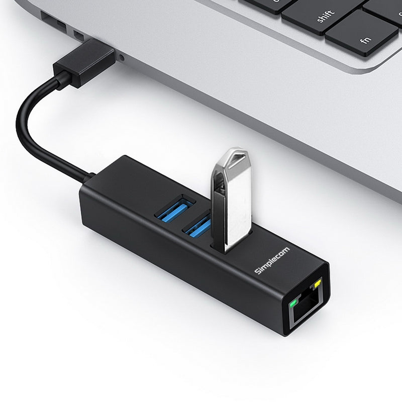 Simplecom CHN421 Aluminium USB-C to 3 Port USB HUB with Gigabit Ethernet Adapter Black - Sale Now