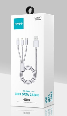 KIVEE CH061 USB to 3 IN 1 Charging Cable 1.2M Silver - Sale Now