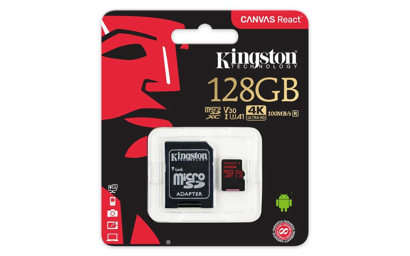 KINGSTON  Canvas React: MicroSD 128GB , 100MB/s read and 70MB/s write with SD adapter  SDCR/128GB - Sale Now