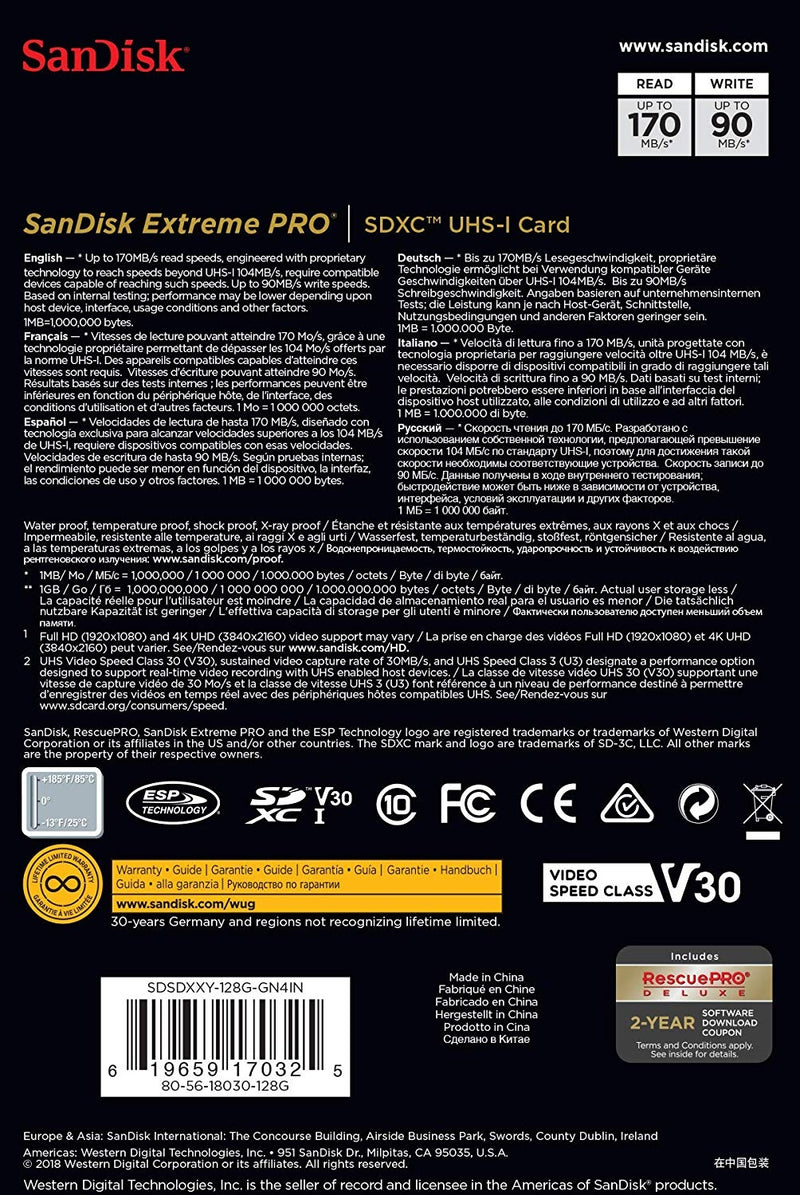 SANDISK SDSDXXY-128G-GNCIN SDXC Extreme Pro V30 4K/UHD UHS-I/U3 170MB - Sale Now