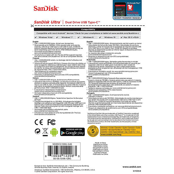 SANDISK 256GB Dual  USB 3.1 Type-C Flash Drive -SDDDC2-256G - Sale Now