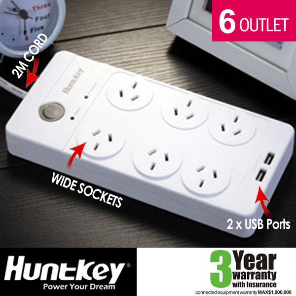 Huntkey Power Board (SAC604) with 6 sockets and 2 USB ports - Sale Now