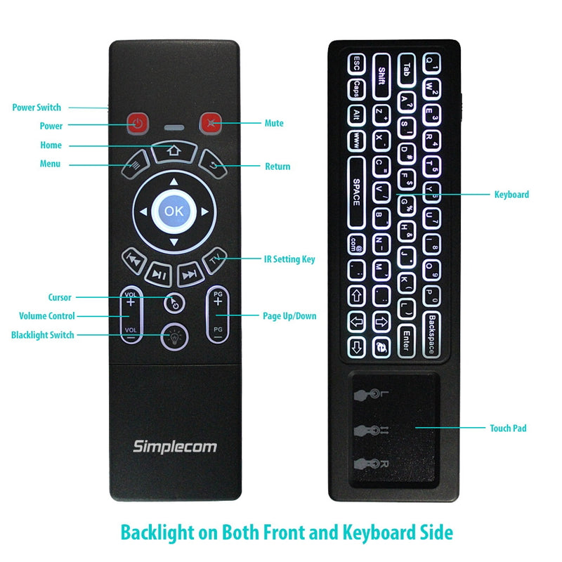 Simplecom RT250 Rechargeable 2.4GHz Wireless Remote Air Mouse Keyboard with Touch Pad and Backlight - Sale Now