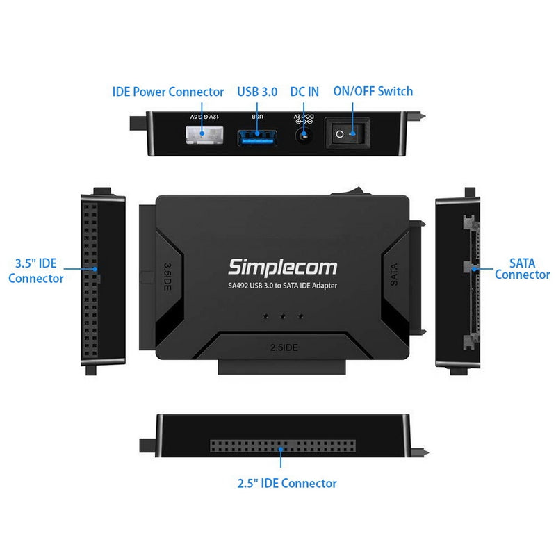 Simplecom SA492 USB 3.0 to 2.5", 3.5", 5.25" SATA IDE Adapter with Power Supply - Sale Now