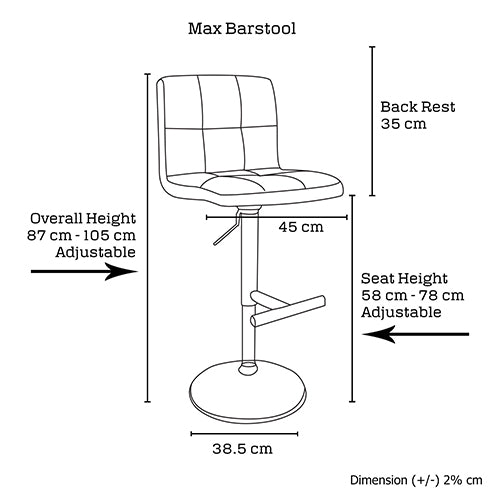Set of 2 Max Barstool Adjustable Height Black Colour - Sale Now