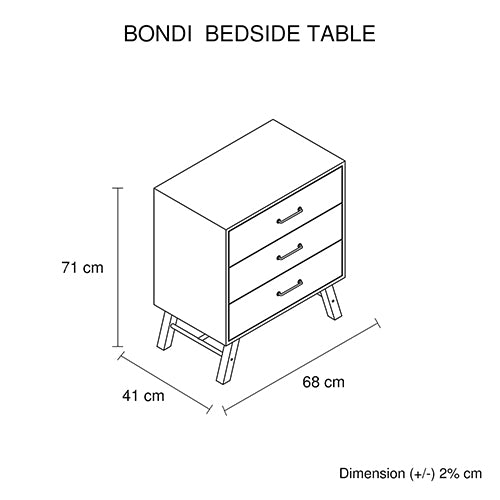 Bondi 3 Drawers Bedside Table Ozzy Colour - Sale Now