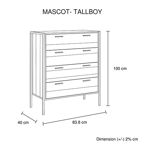 Mascot 4 Drawers Tallboy Storage Cabinet Oak Colour - Sale Now