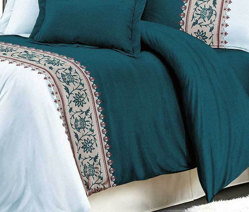 Queen Size 3pcs Teal Green Striped Floral Quilt Cover Set - Sale Now