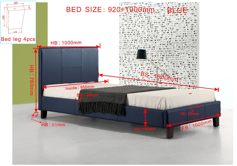 Single PU Leather Bed Frame Blue - Sale Now