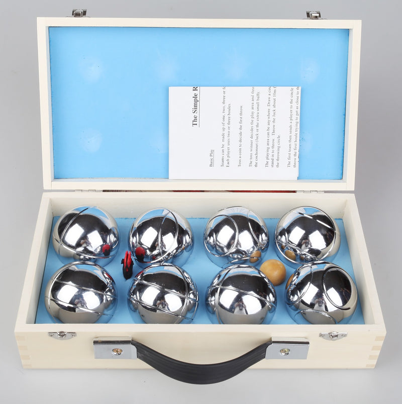 Deluxe Boules Bocce 8 Alloy Ball Set with Wooden Case - Sale Now