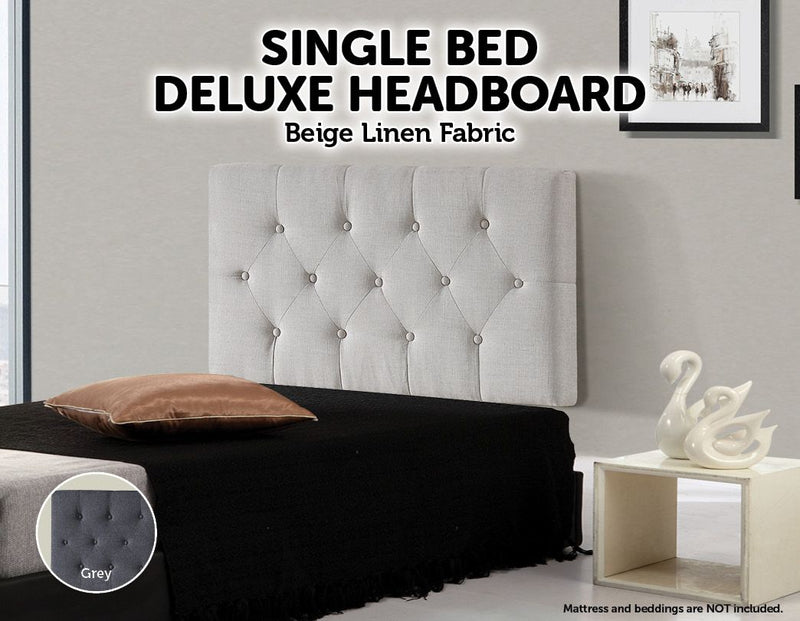 Linen Fabric Single Bed Deluxe Headboard Bedhead - Beige - Sale Now
