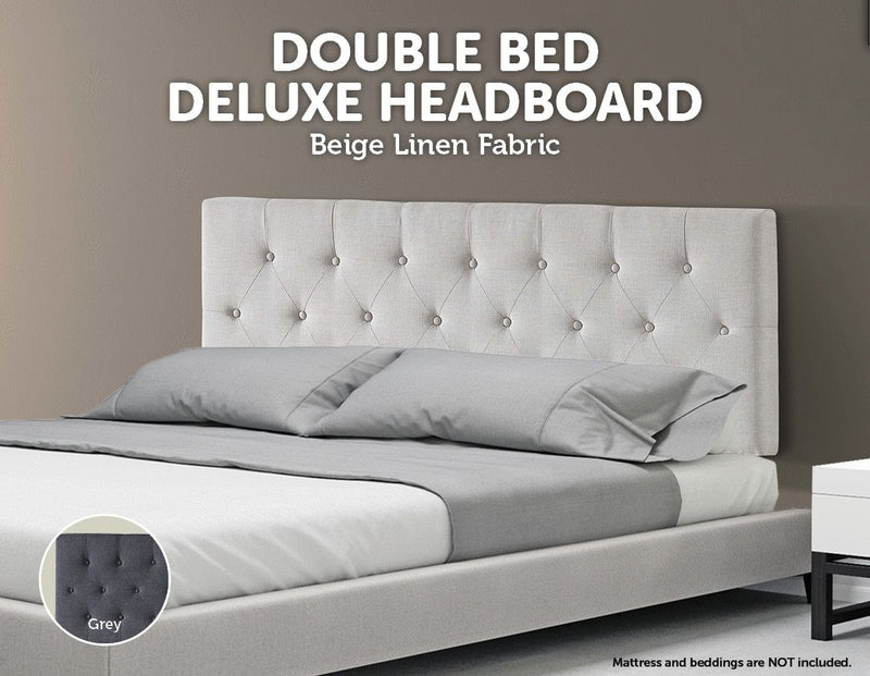 Linen Fabric Double Bed Deluxe Headboard Bedhead - Beige - Sale Now