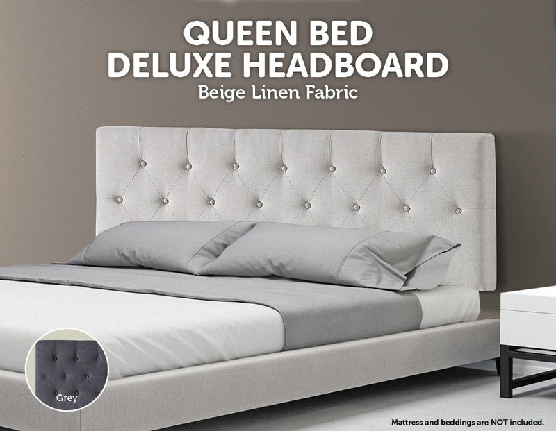 Linen Fabric Queen Bed Deluxe Headboard Bedhead - Beige - Sale Now