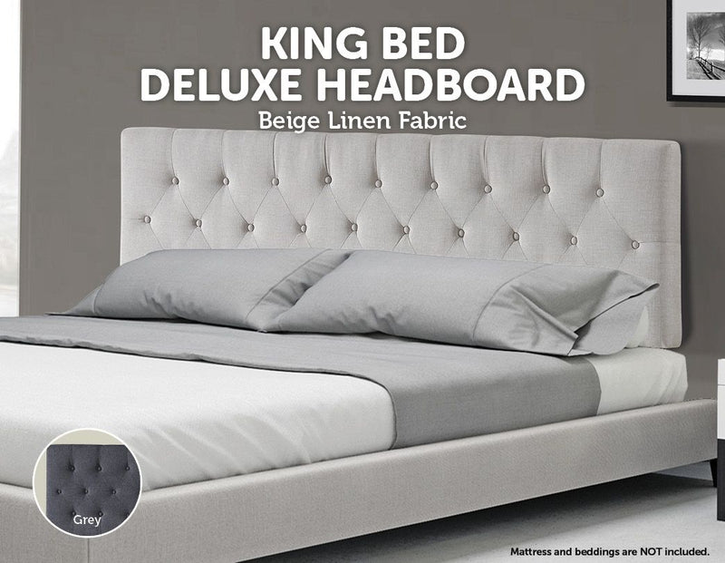 Linen Fabric King Bed Deluxe Headboard Bedhead - Beige - Sale Now