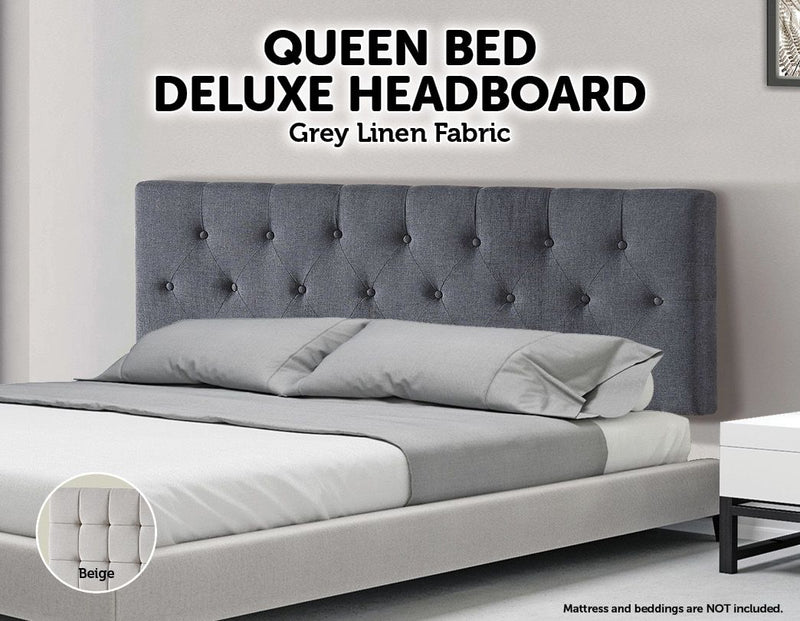 Linen Fabric Queen Bed Deluxe Headboard Bedhead - Grey - Sale Now
