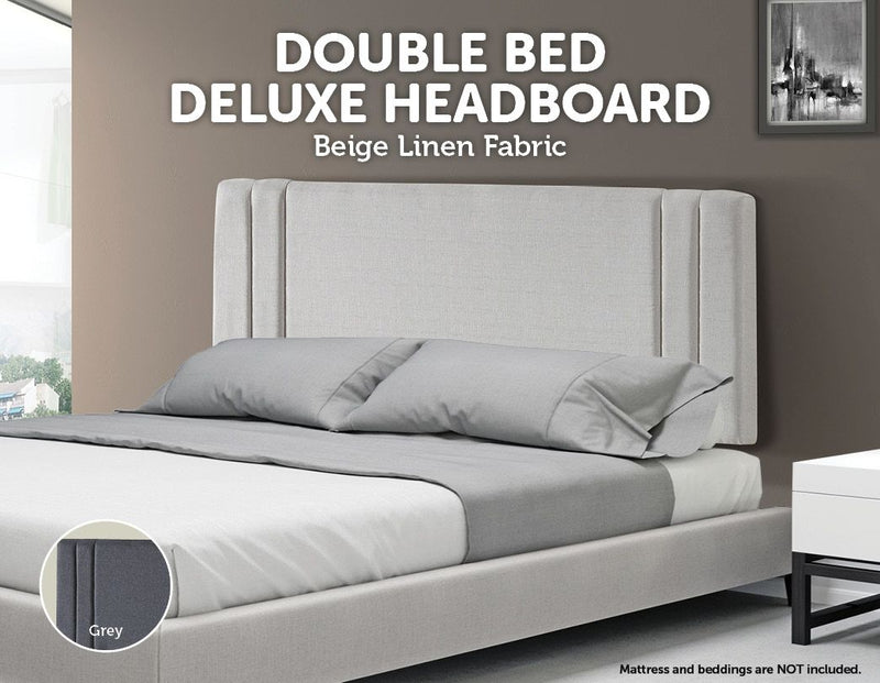 Linen Fabric Double Bed Deluxe Headboard Bedhead - Beige - Sale Now
