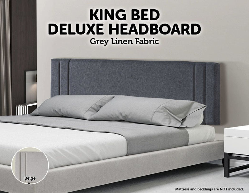 Linen Fabric King Bed Deluxe Headboard Bedhead - Grey - Sale Now