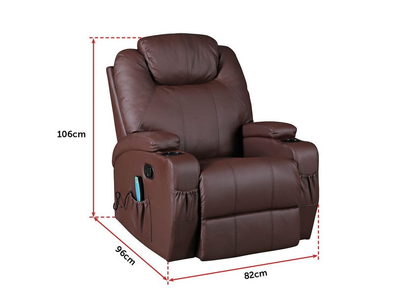 Brown Massage Sofa Chair Recliner 360 Degree Swivel PU Leather Lounge 8 Point Heated - Sale Now