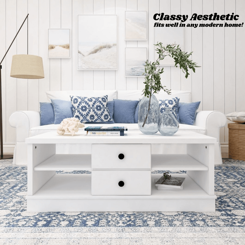 Margaux White Coastal Style Coffee Table with Drawers - Sale Now