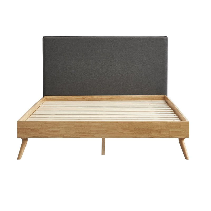 Natural Oak Ensemble Bed Frame Wooden Slat Fabric Headboard Queen - Sale Now