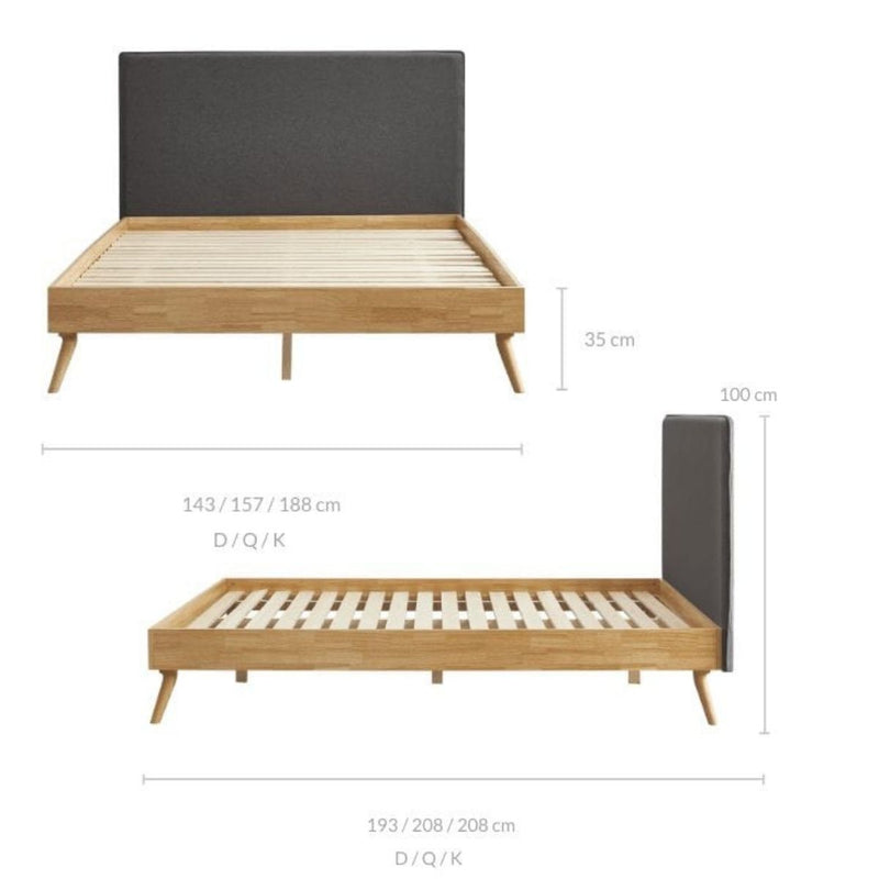 Natural Oak Ensemble Bed Frame Wooden Slat Fabric Headboard Queen - Sale Now