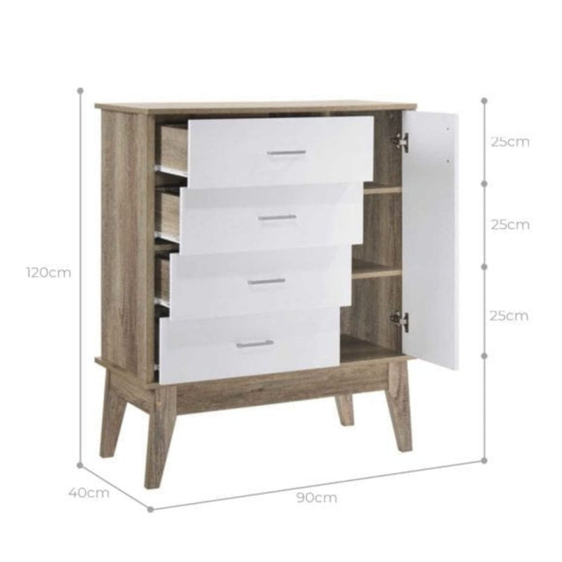 Tallboy 4 Chest of Drawers with Door Cabinet Storage Shelf - Sale Now