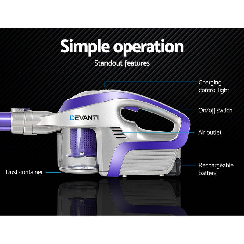 Devanti Cordless Stick Vacuum Cleaner - Purple & Grey - Sale Now
