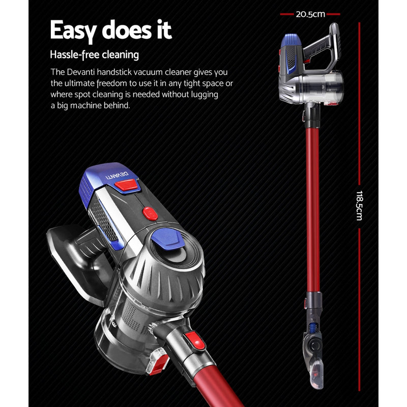 Devanti Handheld Vacuum Cleaner Cordless Stick Handstick Vac Bagless 2-Speed Headlight Red - Sale Now