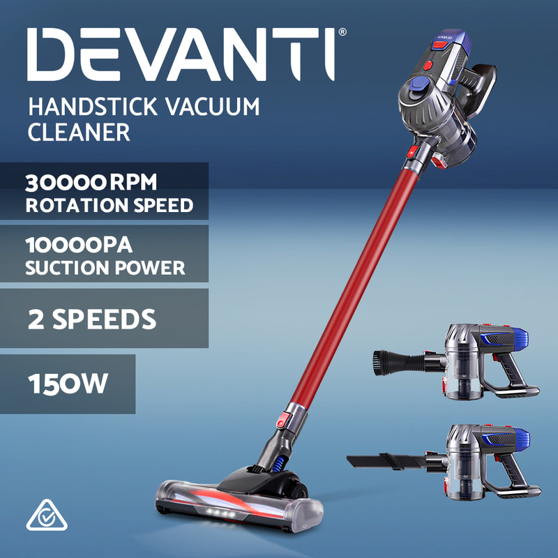 Devanti Handheld Vacuum Cleaner Cordless Stick Handstick Vac Bagless 2-Speed Headlight Red - Sale Now