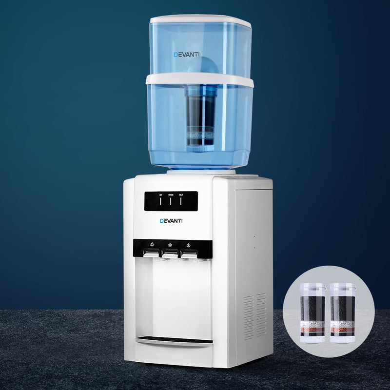 Devanti 22L Bench Top Water Cooler Dispenser Purifier Hot Cold Three Tap with 2 Replacement Filters - Sale Now