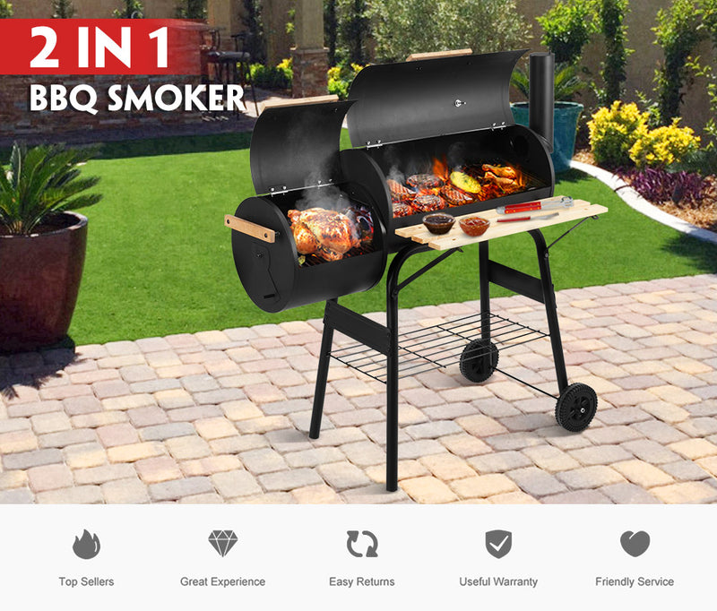 2 in 1 BBQ Smoker Charcoal Grill Roaster Portable Offset Camping Outdoor Barbecue - Sale Now