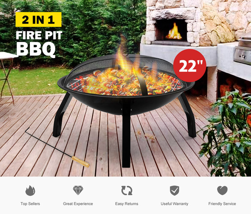22" Fire Pit BBQ Grill Pits Outdoor Portable Fireplace Heater Garden Patio - Sale Now