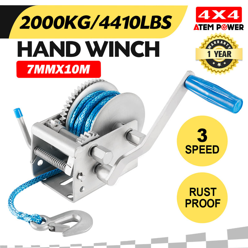 Hand Winch 2000KG/4410LBS 3 Speed Dyneema Synthetic Rope Boat Car Marine 4WD 10M - Sale Now