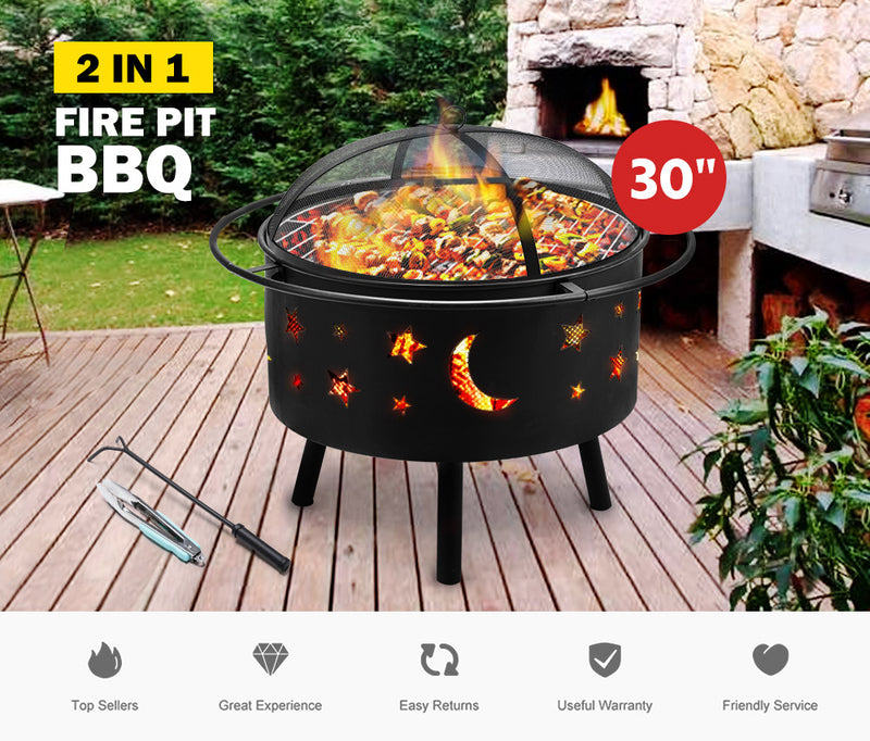 30" 2-in-1 Fire Pit BBQ Grill Outdoor Fireplace Brazier Patio Heater Camping - Sale Now