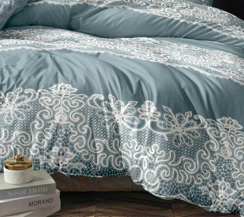 King Size 3pcs Duckegg Blue Floral Quilt Cover Set - Sale Now