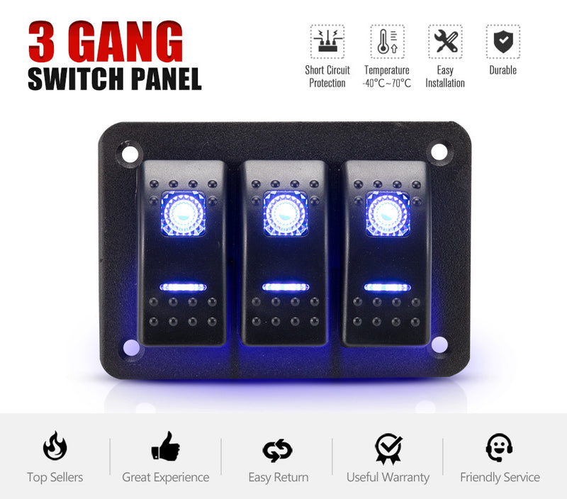 3 Gang Rocker Switch Panel Pre Wired Dual LED Boat Caravan Marine Car 12V 24V - Sale Now