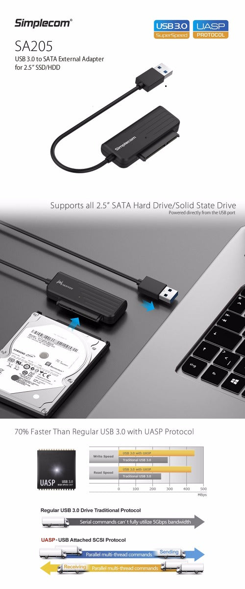 Simplecom SA205 Compact USB 3.0 to SATA Adapter Cable Converter for 2.5" SSD/HDD - Sale Now