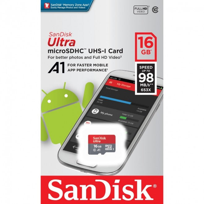 SANDISK SDSQUAR-016G-GN6MN Micro SDHC Ultra A1 Class 10 98mb/s NO adapter - Sale Now