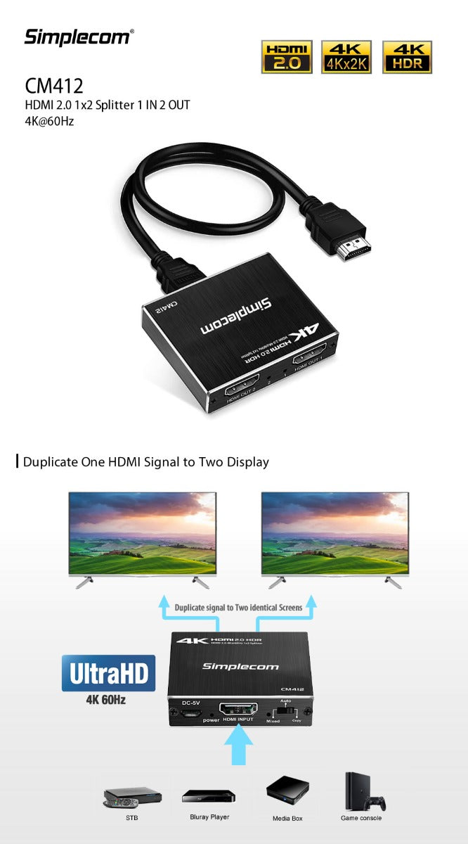 Simplecom CM412 HDMI 2.0 1x2 Splitter 1 IN 2 Out 4K@60Hz HDR10 2 Port HDMI Duplicator - Sale Now