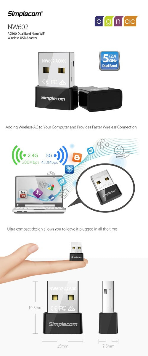 Simplecom NW602 AC600 Dual Band Nano USB WiFi Wireless Adapter - Sale Now