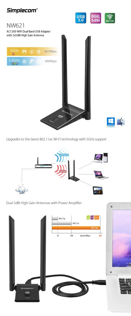 Simplecom NW628 AC1200 WiFi Dual Band USB3.0 Adapter with 2x 5dBi High Gain Antennas - Sale Now