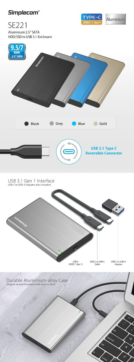 Simplecom SE221 Aluminium 2.5'' SATA HDD/SSD to USB 3.1 Enclosure Blue - Sale Now