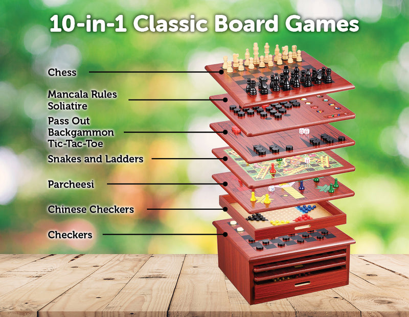 10 in 1 Wooden Chess Board Games Slide Out Best Checkers House Unit Set - Sale Now