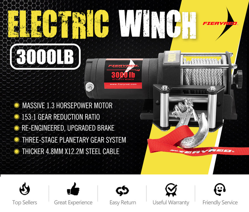 FIERYRED 3000LBS/1361kg Electric Winch Car Steel Cable 12V Wireless Remote 4WD - Sale Now